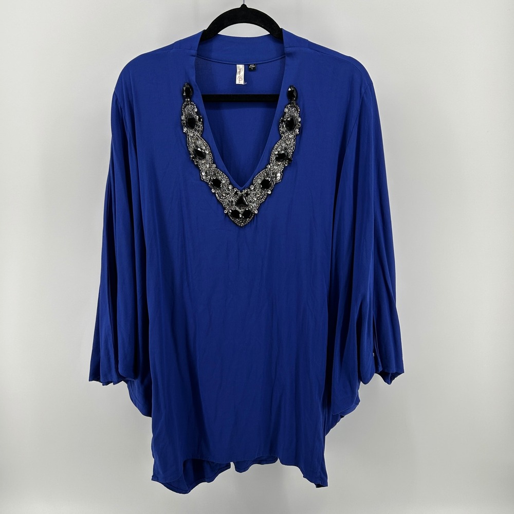 Rhonda Shear Royal Blue Embellished Dolman Sleeve Tunic Top Large Cocktail Party